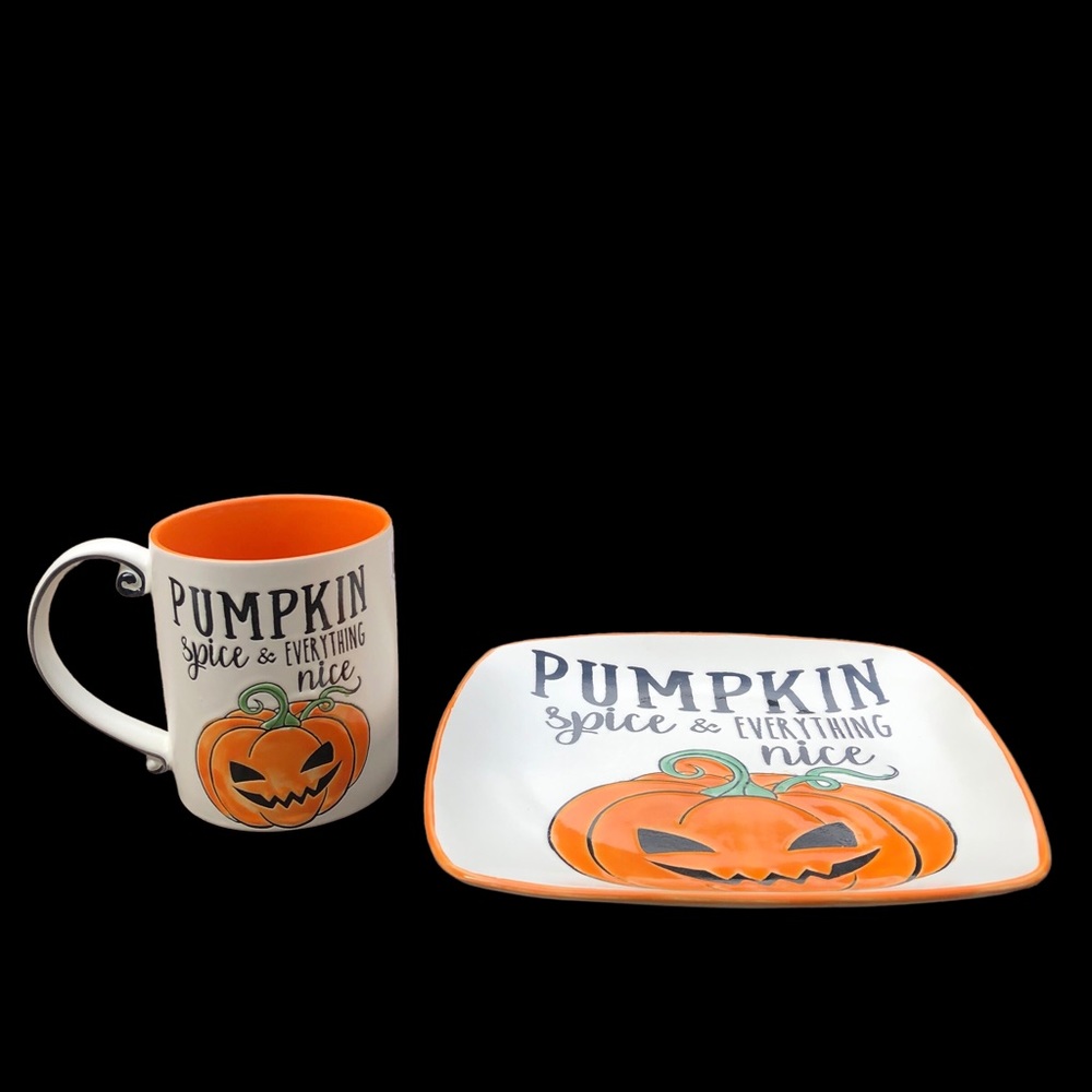 New Pumpkin spice and everything nice jack-o'-lantern mug & plate set